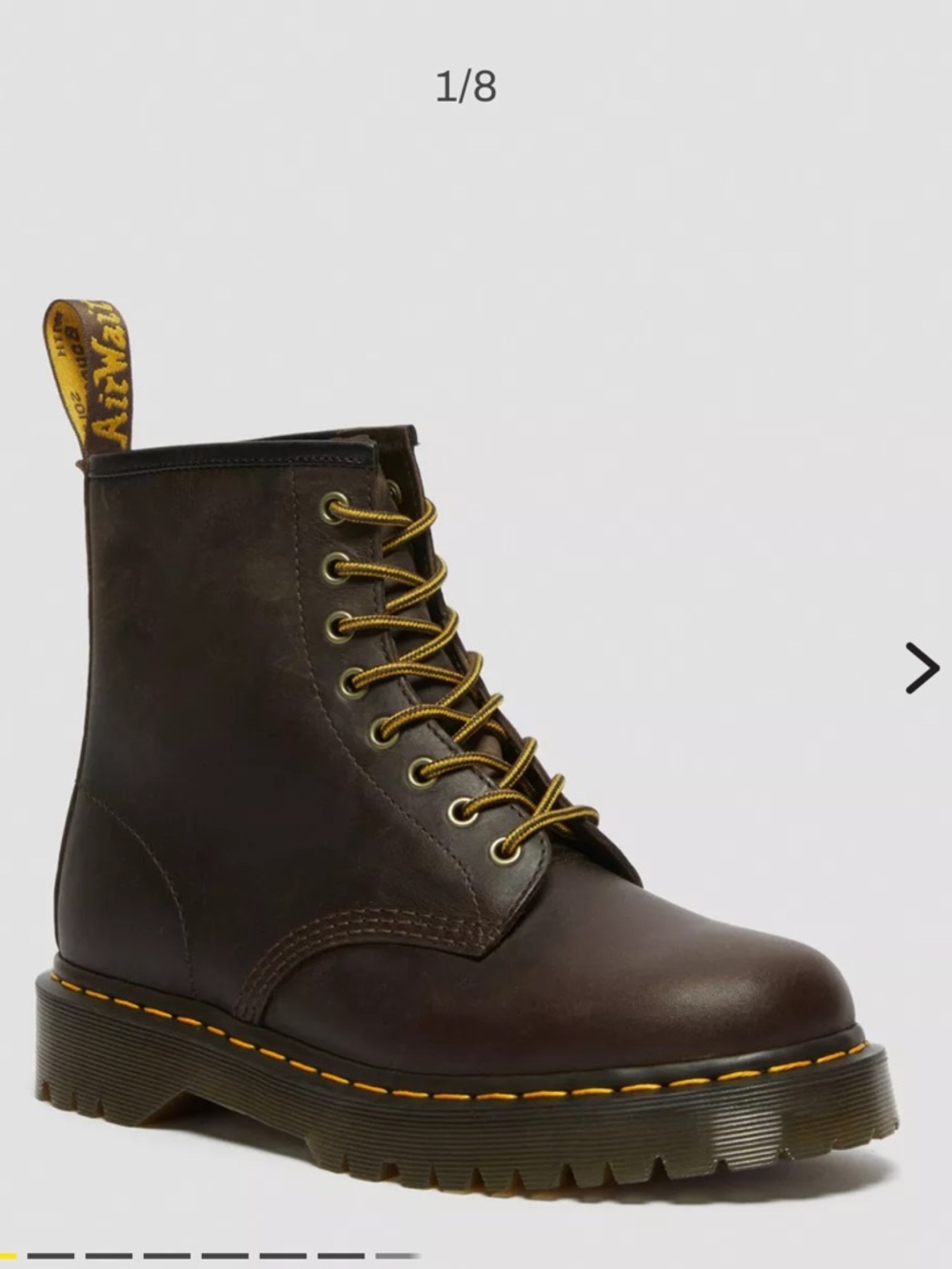 Dr. Martens Dark Brown Leather 8-Eye Lace-Up Boot with Yellow Stitching UNISEX